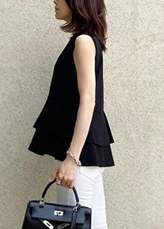 Modern Black O-neck Ruffled Chiffon T Shirts Summer