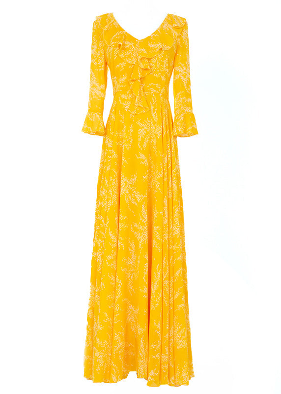 Yellow Ruffled Print Slim Chiffon Maxi Holiday Dress Spring