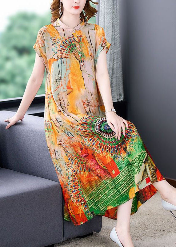 Yellow Stand Collar Print Patchwork Silk Dress Summer