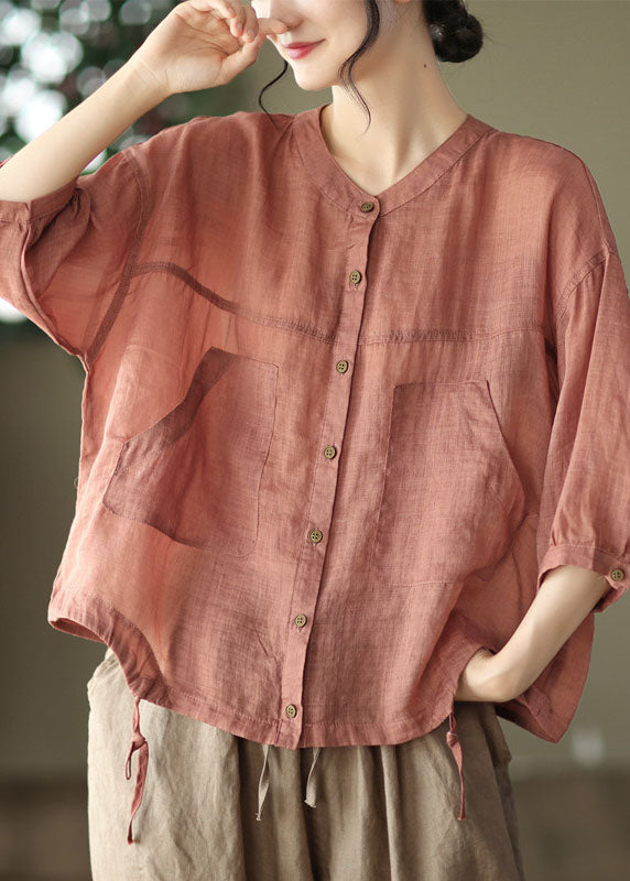 Red O-neck Oversized Pockets Linen Blouses Bracelet Sleeve