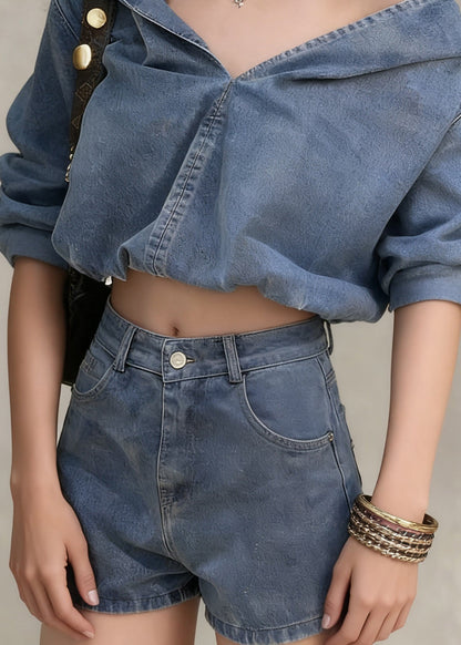 Denim Blue Hooded Coat and Shorts Two Pieces Set Spring
