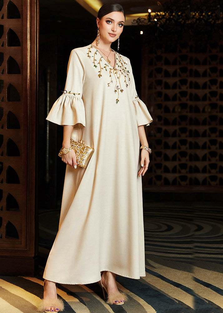 Apricot Embroideried Chiffon Long Dress Flare Sleeve Summer