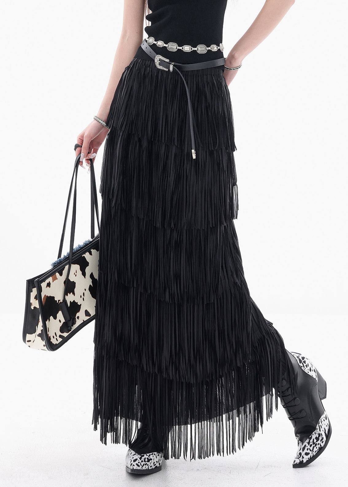 Fine Black Tasseled Elastic Waist Cotton Skirts Summer