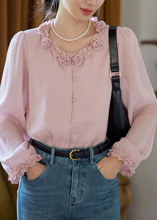 French White Ruffled Cotton Shirts Spring