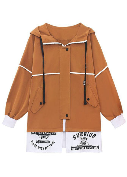 Unique Caramel Pockets Button Zippered Fall Patchwork Long Sleeve Coat
