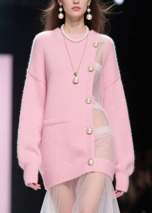 Pink Patchwork Tulle Pearl Knitted Dress Fall