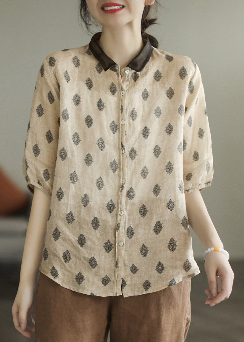 Colour 1 Peter Pan Collar Print Button Linen Shirt Half Sleeve