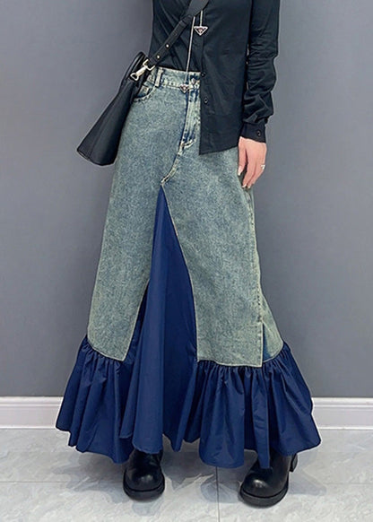 Blue High Waist Pockets Patchwork Denim Skirts