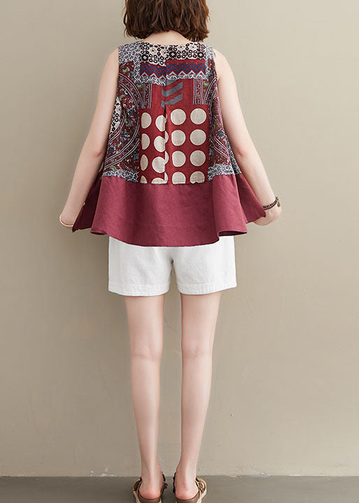 Modern Red O-neck Patchwork Print Cotton a Line Tops Sleeveless
