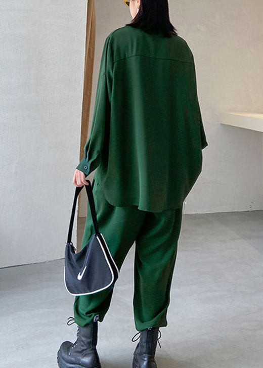 Modern Green Peter Pan Collar Button Asymmetrical Design Fall Two Piece Set