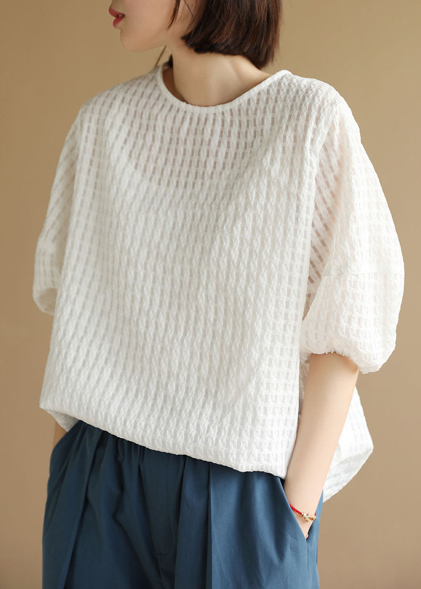 White O-neck Plaid Cotton Blouse Top Half Sleeve