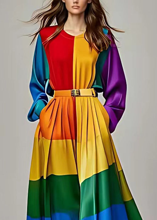 Colorblock Asymmetrical Pockets Patchwork Silk Ankle Dress Long Sleeve