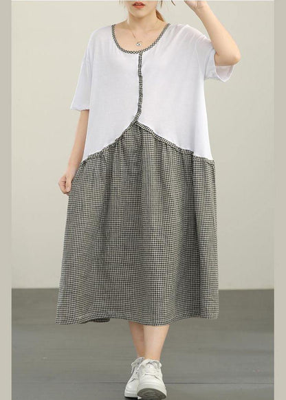 Organic White Patchwork Plaid Cotton Linen Holiday Dress Summer