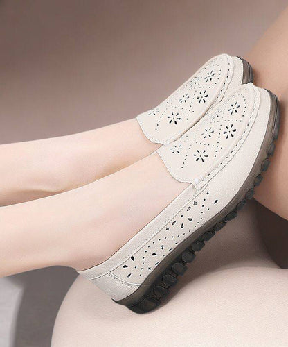 Hollow Out Flat Feet Shoes Beige Cowhide Leather