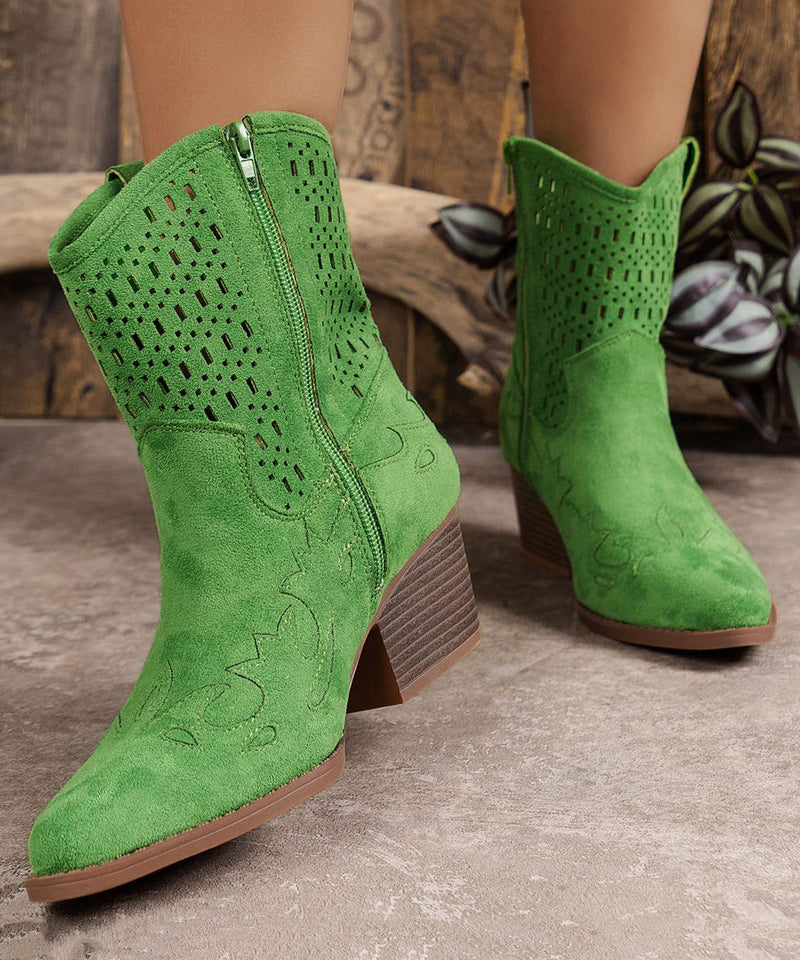Green Hollow Out Zippered Suede Chunky Boots