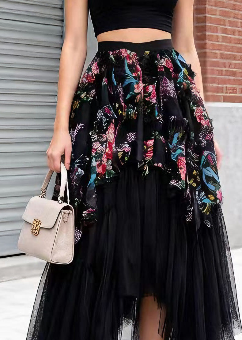 Stylish Black Asymmetrical Patchwork Tulle Skirt Spring