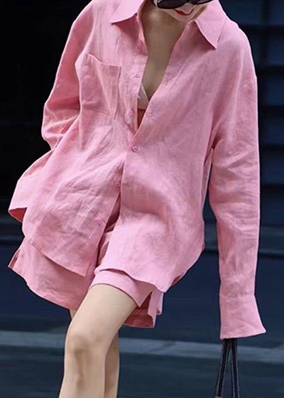 Modern Pink Button Shirts and Shorts Two Pieces Set Spring