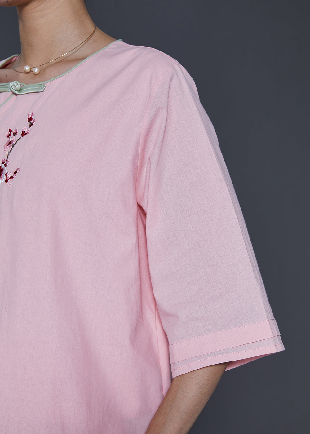 Pink Embroidered Patchwork Cotton Two-piece Set Spring