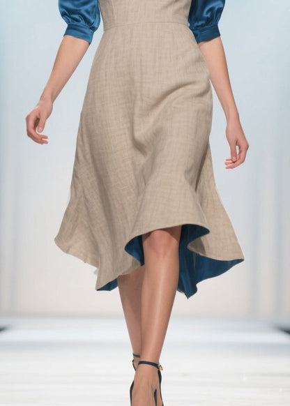 Apricot V Neck Patchwork Linen Silk Fake Two Piece Dress Summer