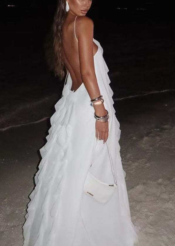 White Ruffled Backless Lace Up Chiffon Maxi Dress Sleeveless