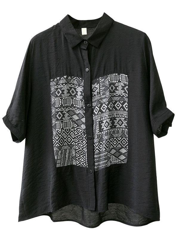 Classy Black Peterpan Collar Button Patchwork Fall Half Sleeve Shirt Top