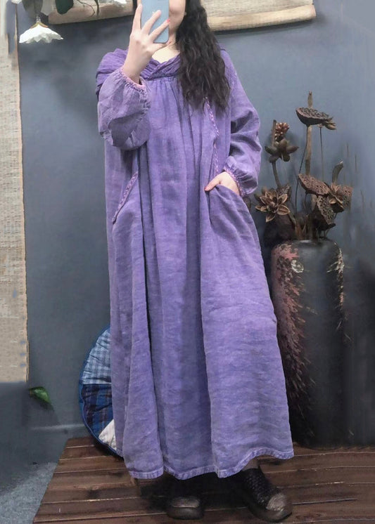 Purple Hooded Pockets Linen Long Dress Spring