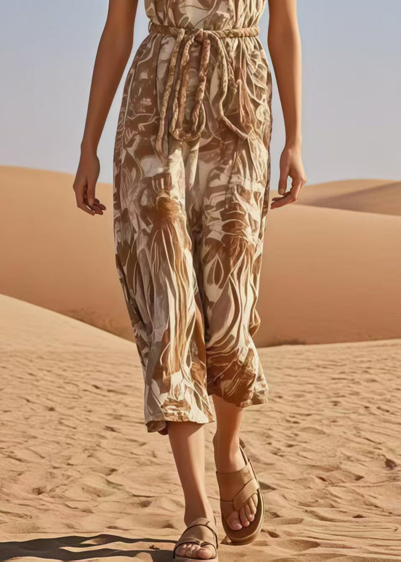 Khaki Cinched Print Cotton Jumpsuits Summer