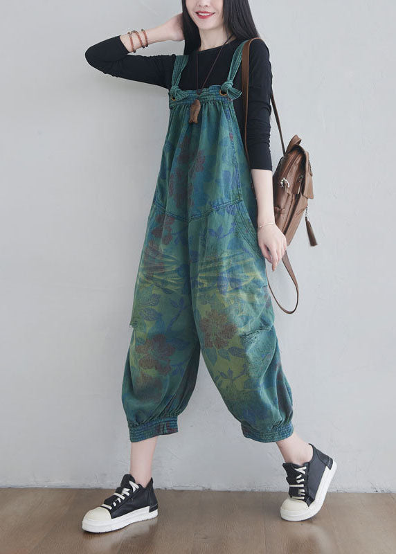Blue Pockets Print Denim Jumpsuits Spring