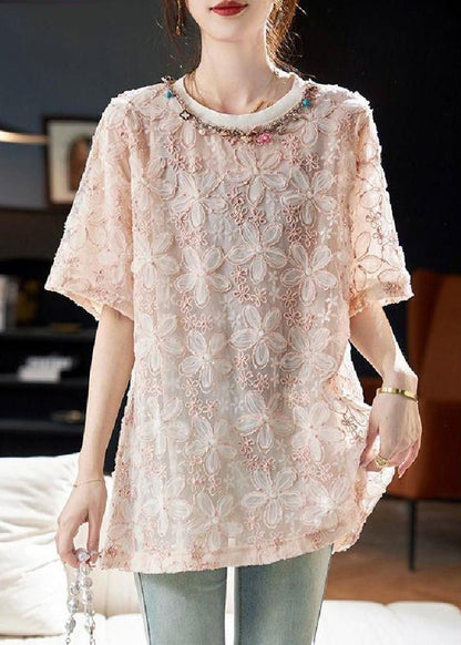 Pink O-neck Sequins Tulle T Shirt Summer