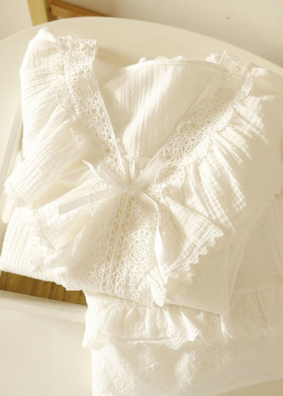 Art White Ruffled Patchwork Lace Cotton Pajamas Sets Spring