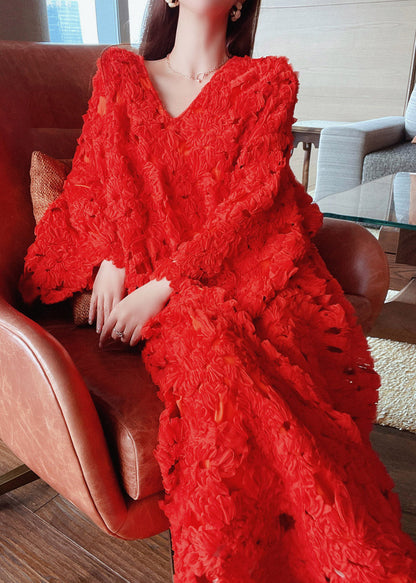 Stylish Red V Neck Hollow Out Lace Long Dress Flare Sleeve