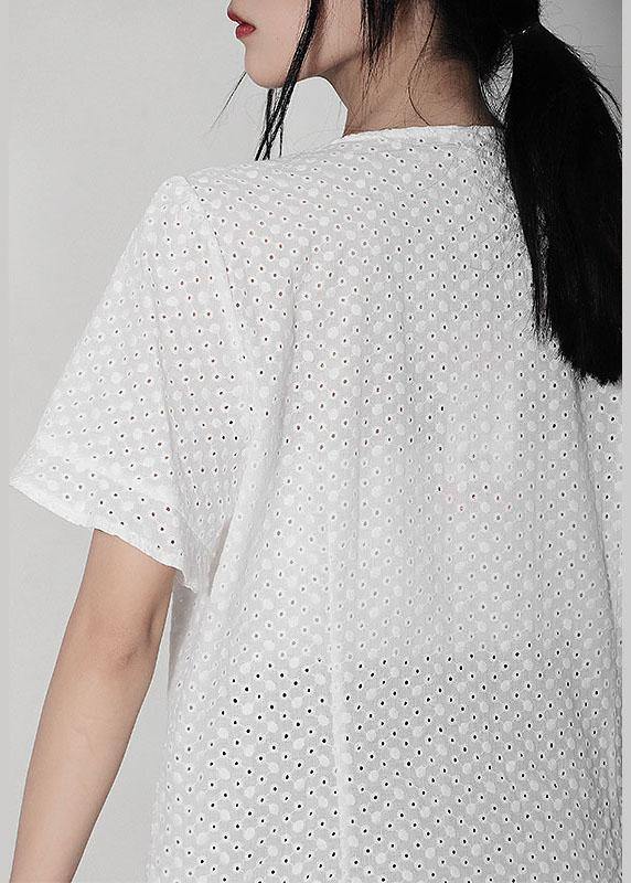 Diy White Hollow Out V Neck Button Cotton Shirt Top Summer