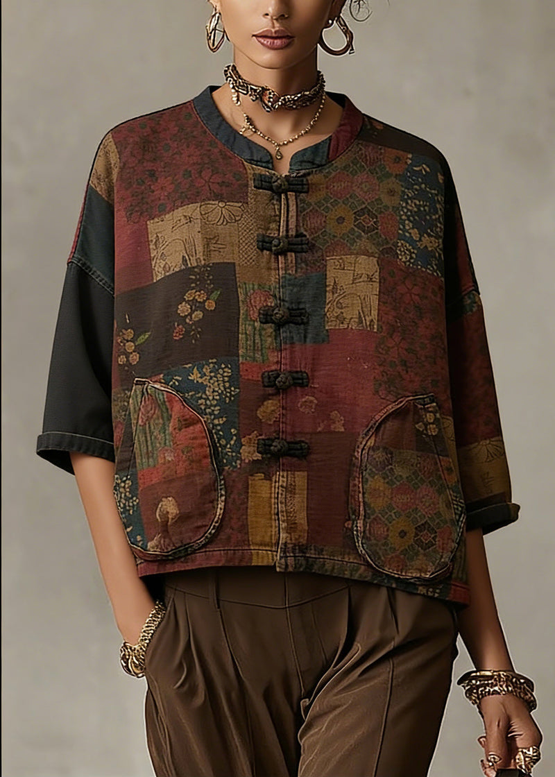 Print Button Patchwork Cotton Coat Long Sleeve