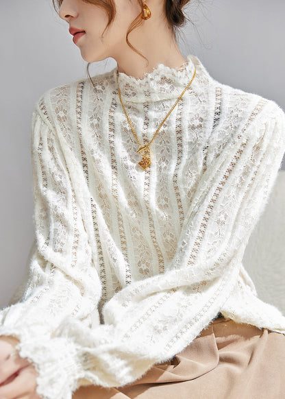 Beige Hollow Out Lace Shirt Tops Fall