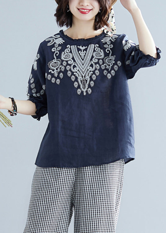Blue O-neck Cotton Top Short Sleeve