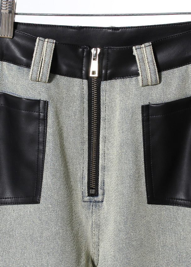 Pockets Faux Leather Patchwork Denim Wide Leg Pants Fall
