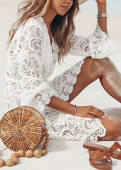Novelty White V Neck Lace Mini Dresses Summer