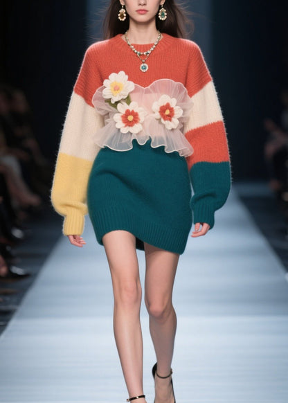 Art Colorblock O Neck Tulle Knit Dress Winter