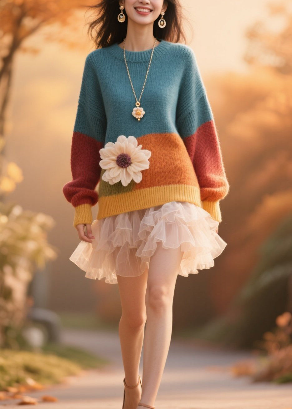 Colorblock O Neck Knit Pullover Fall