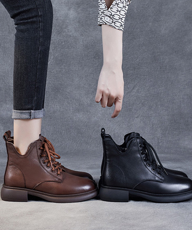 Brown Lace Up Chunky Boots Cowhide Leather Ankle Boots