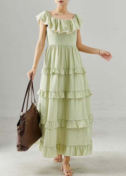 Green Ruffled Silm Fit Cotton Long Dress Summer