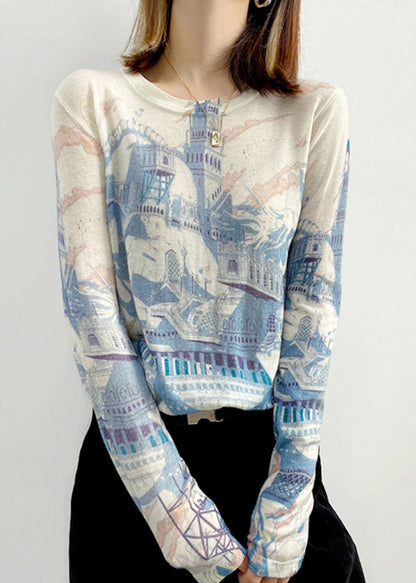 Blue O Neck Print Patchwork Knitting Cotton Top Long Sleeve