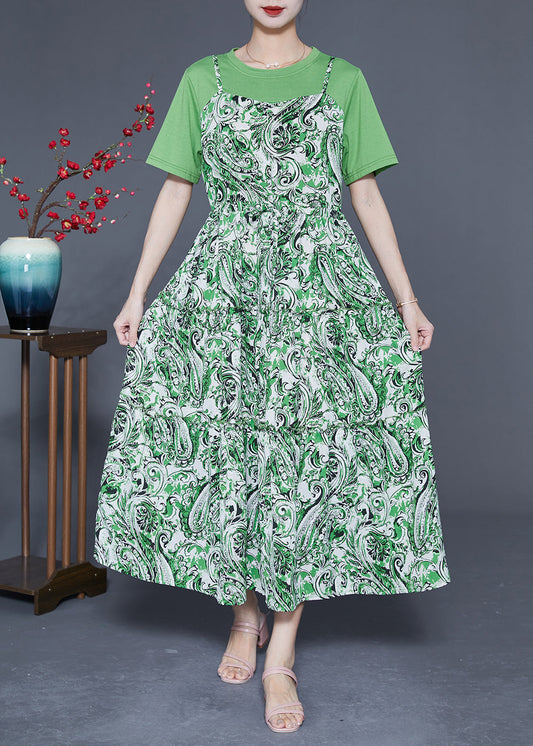 Green O-neck Patchwork Exra Large Hem Chiffon Fake Two Piece Dresses Summer