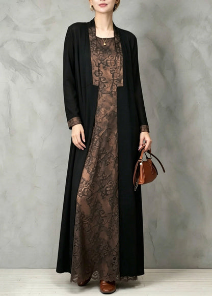 Patchwork Print Waistcoat and Long Dress Two Pieces Set Fall