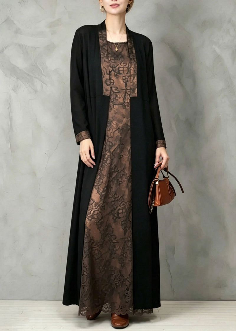Patchwork Print Waistcoat and Long Dress Two Pieces Set Fall