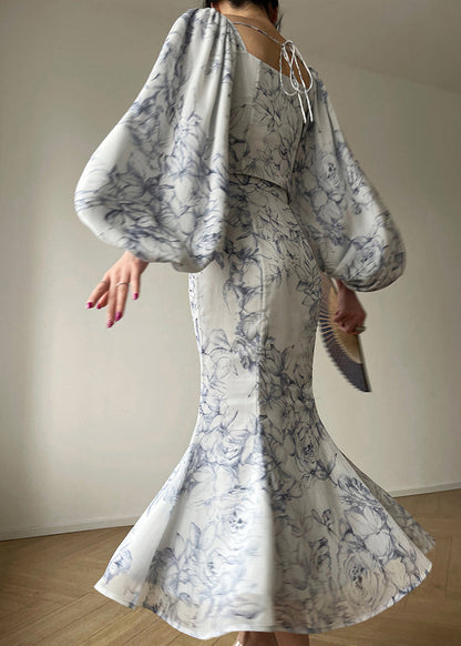 Stylish Blue Square Collar Print Tops and Skirts Chiffon Two Pieces Set Spring