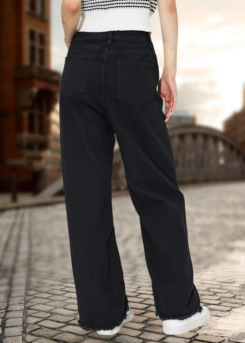 Black Pockets Pearl Straight Denim Pants Spring