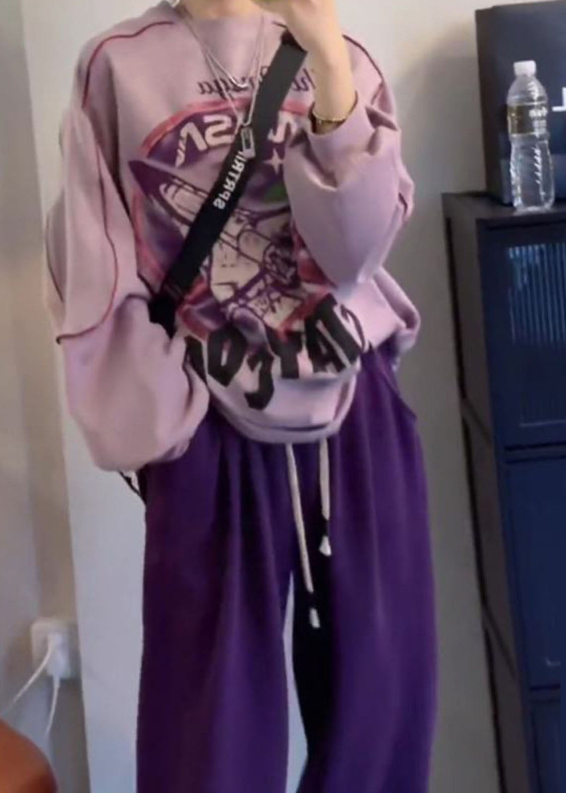 Purple O-neck Print Pullover and Beam Pants Two Piece Set Fall