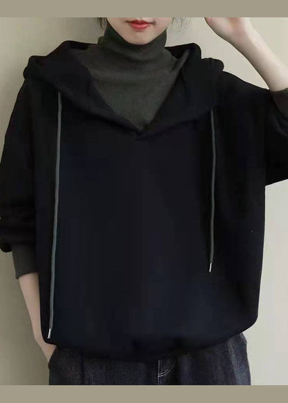 Italian Black Hooded Patchwork Fine Cotton Filled Sweatshirt Spring