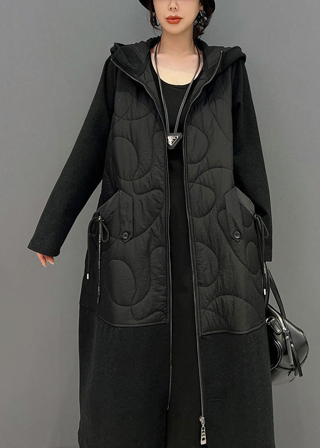 Black Hooded Pockets Patchwork Fine Cotton Filled Witner Coats